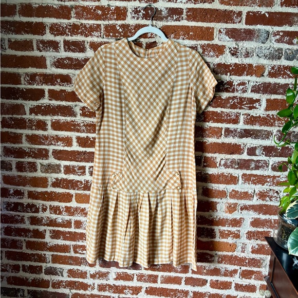 Vintage Dresses & Skirts - Vintage handmade tan & white gingham dress with pleated skirt, no tag, fits S-M